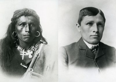 Black and white images (before and after) or young American Indian man in traditional dress and then Western dress.