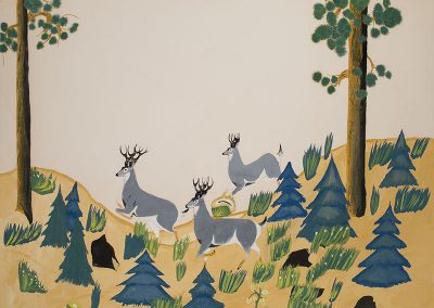 Drawing of a stylized forest with 3 deer running