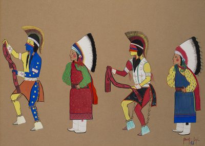 Drawing of 4 Native dancers in regalia in single file profile