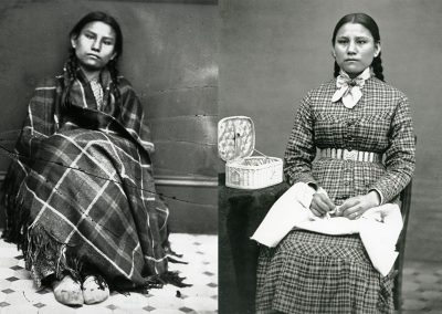 Black and white photos side by side of young American Indian girl. On the left she is sitting on the floor