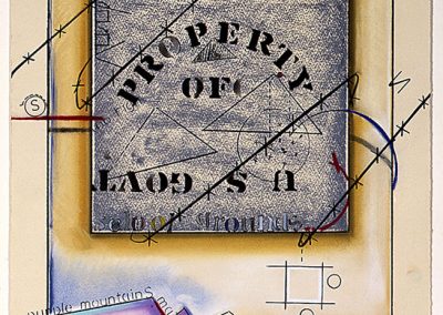 artwork print with geometric shapes and lines in pastel colors mostly tan with mottled gray square in the center with words "Property of US Govt."