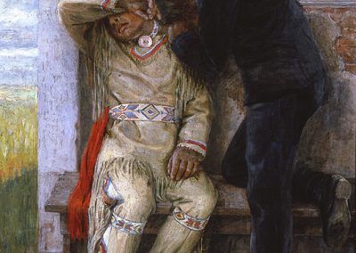 Late 19thC/early 20thC painting showing a young Native child in breechlout and leather clothing in a distraught state with his arm over his eyes being comforted by another boy in a European style military uniform who stands over him with his hand on the other's shoulder.