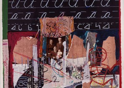 artwork collage showing old family photographs town pieces of paper and fabric and a blackboard with cursive practice